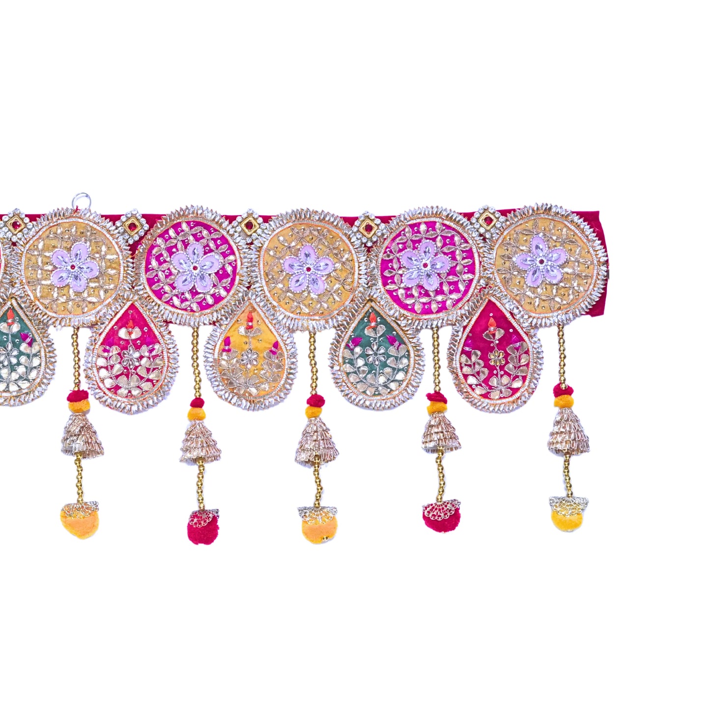 Decorative belt with floral patterns and hanging elements on a white background