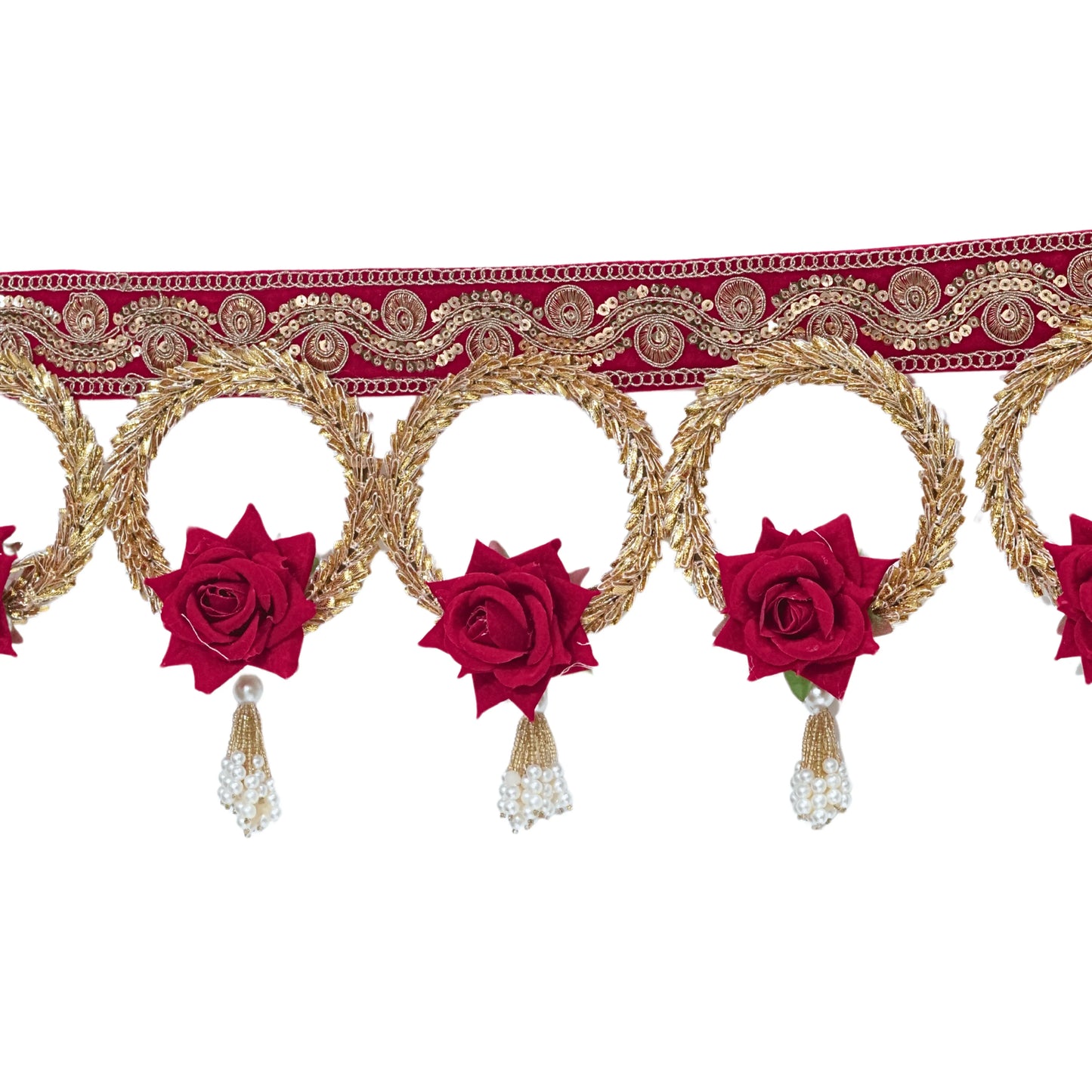 Decorative border with red roses and gold embroidery on a white background