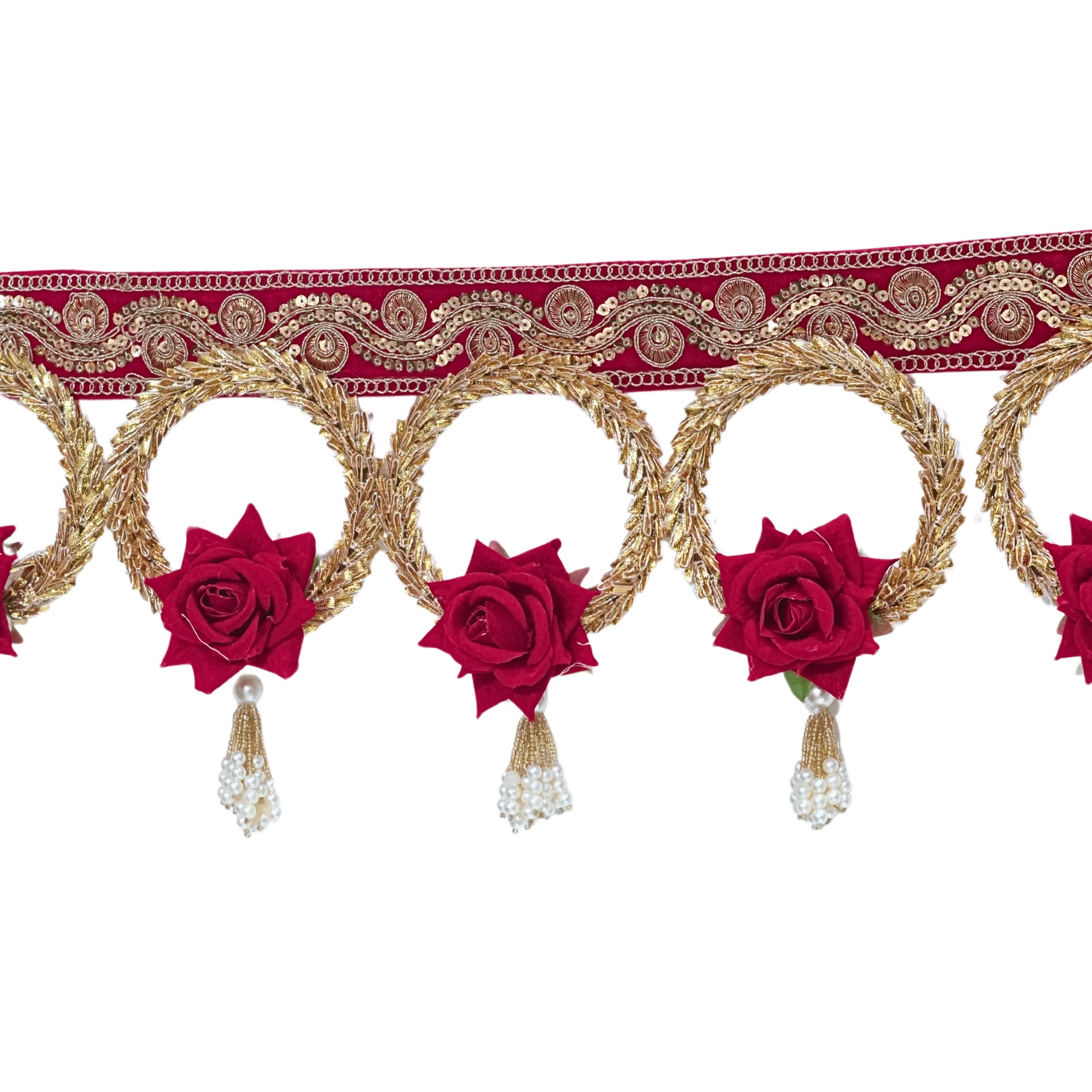 Decorative border with red roses and gold embroidery on a white background