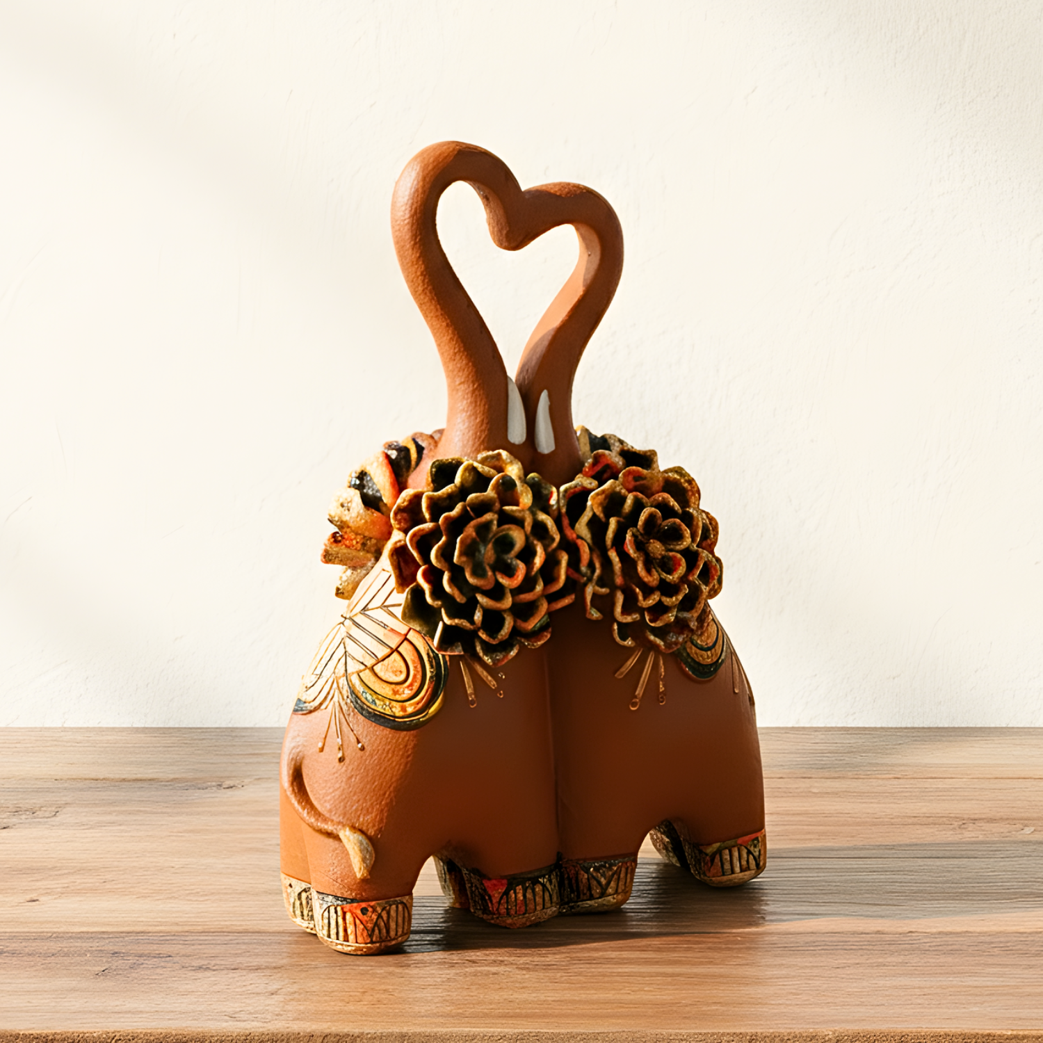 Decorative elephant figurine with heart-shaped tusks on a wooden surface