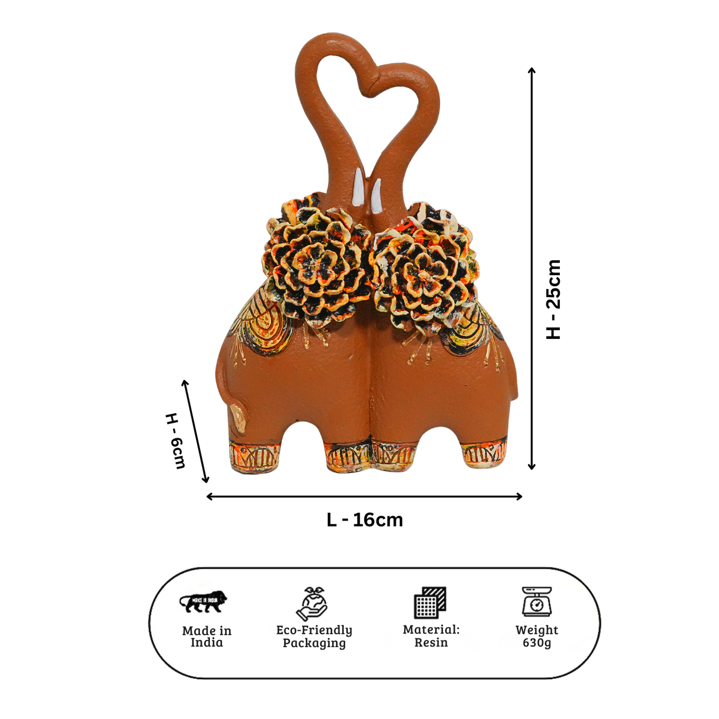 Decorative elephant figurine with heart-shaped handles and floral decorations, shown with measurements on a white background.