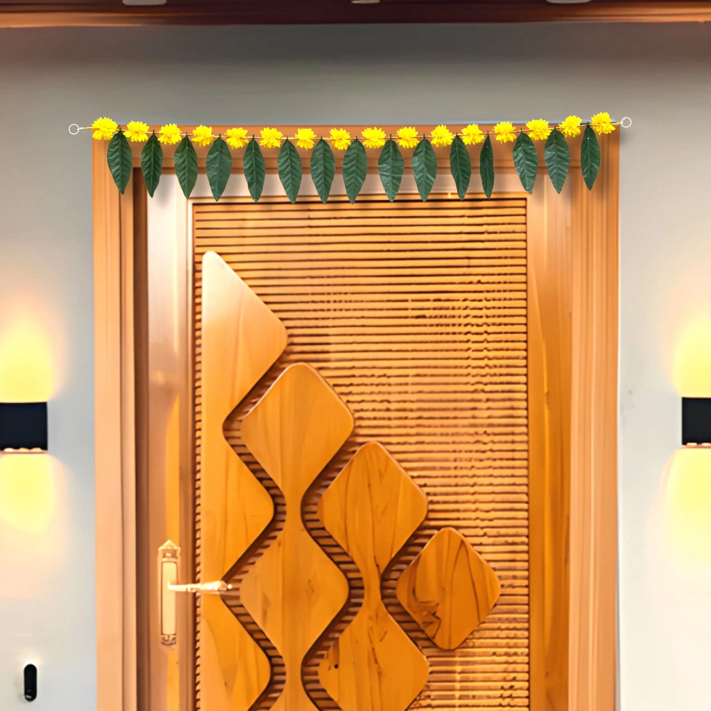 Decorative floral garland above a wooden door with geometric design