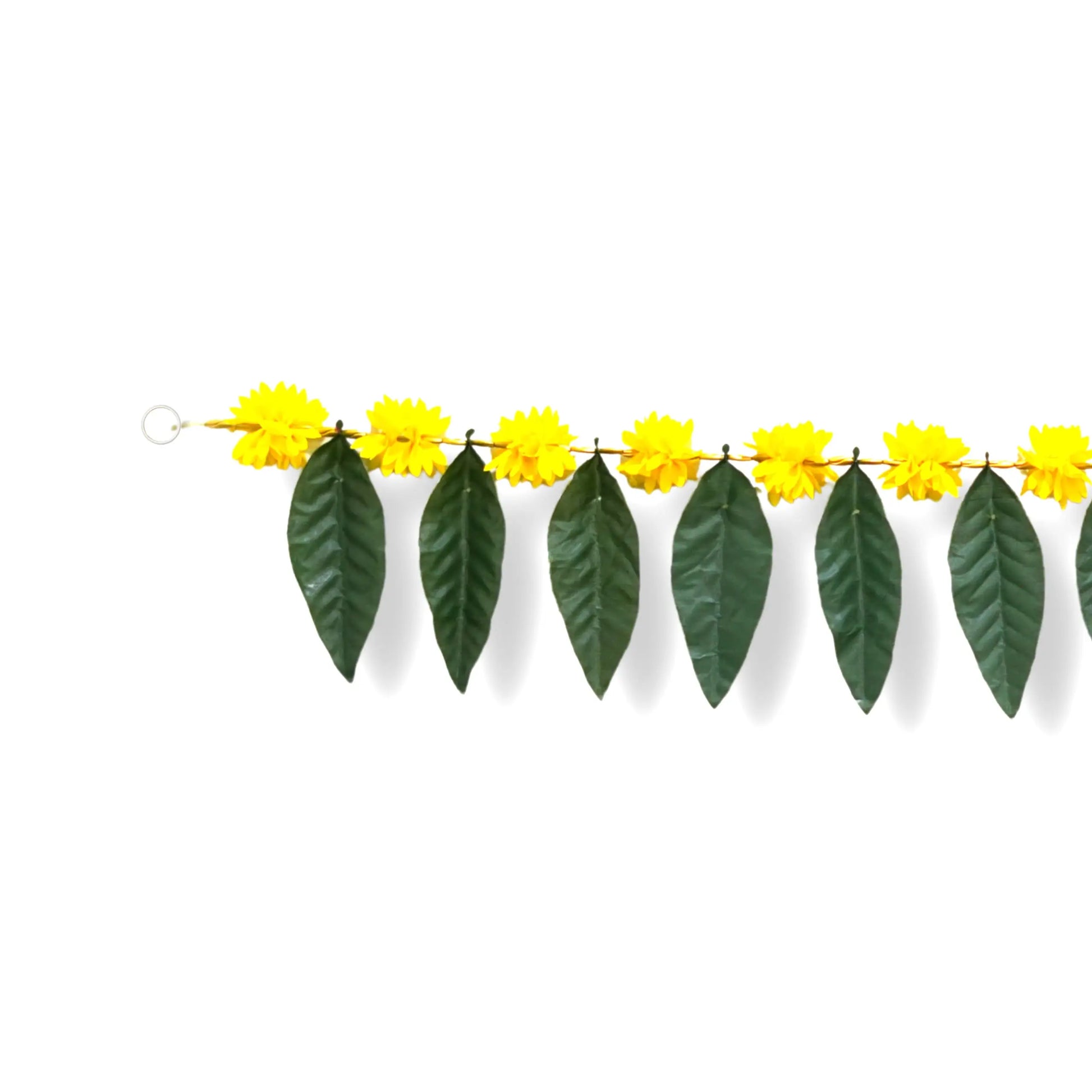 Decorative garland with yellow flowers and green leaves on a white background