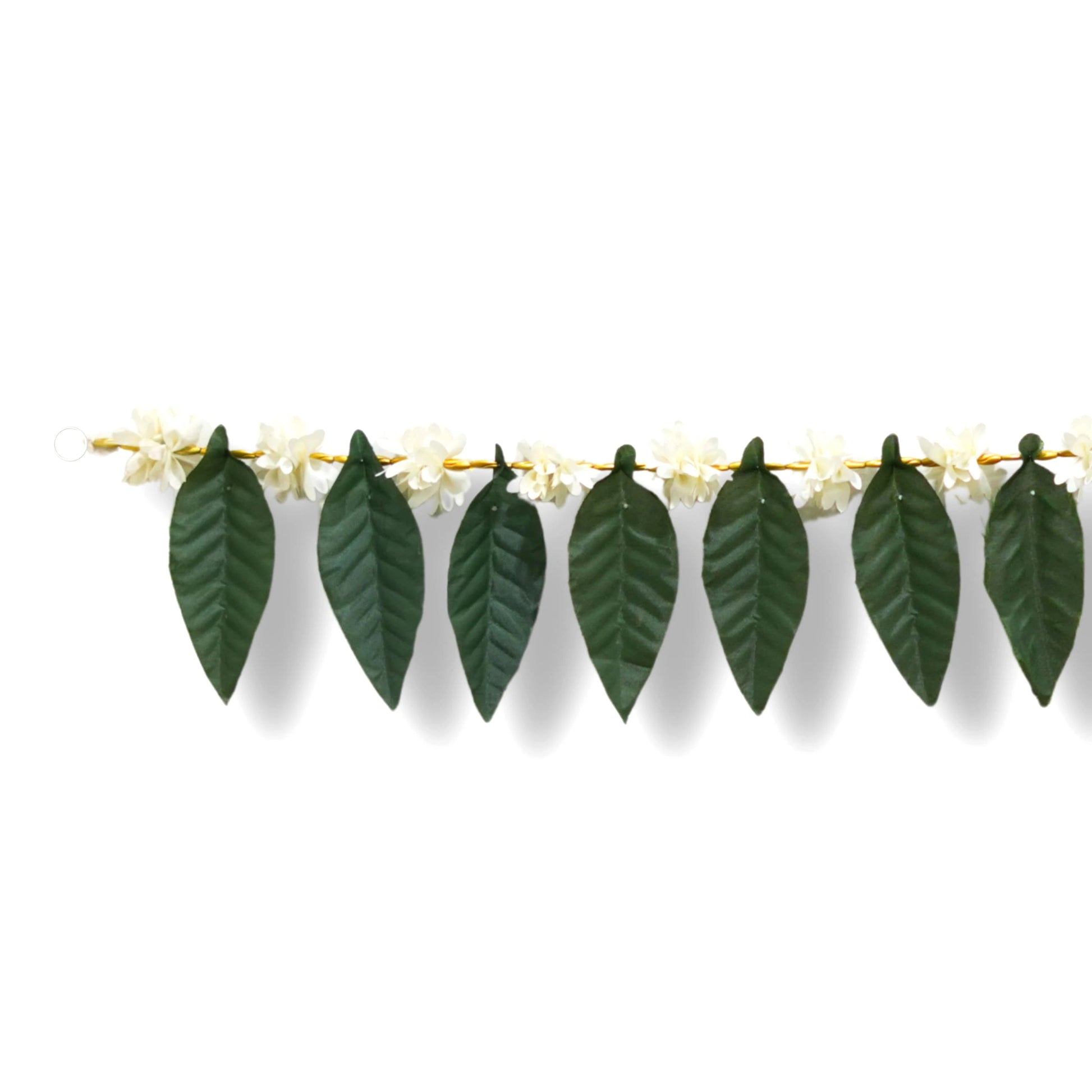 Decorative garland with green leaves and small white flowers on a white background