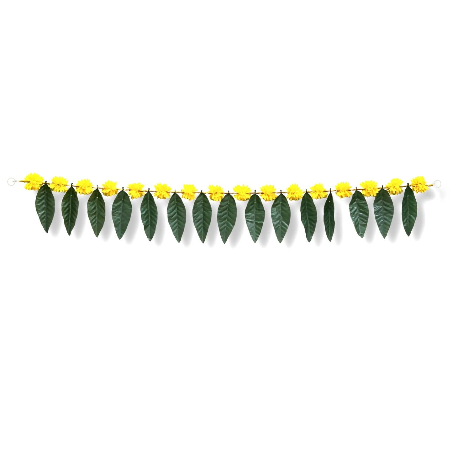 Decorative garland with yellow flowers and green leaves on a white background