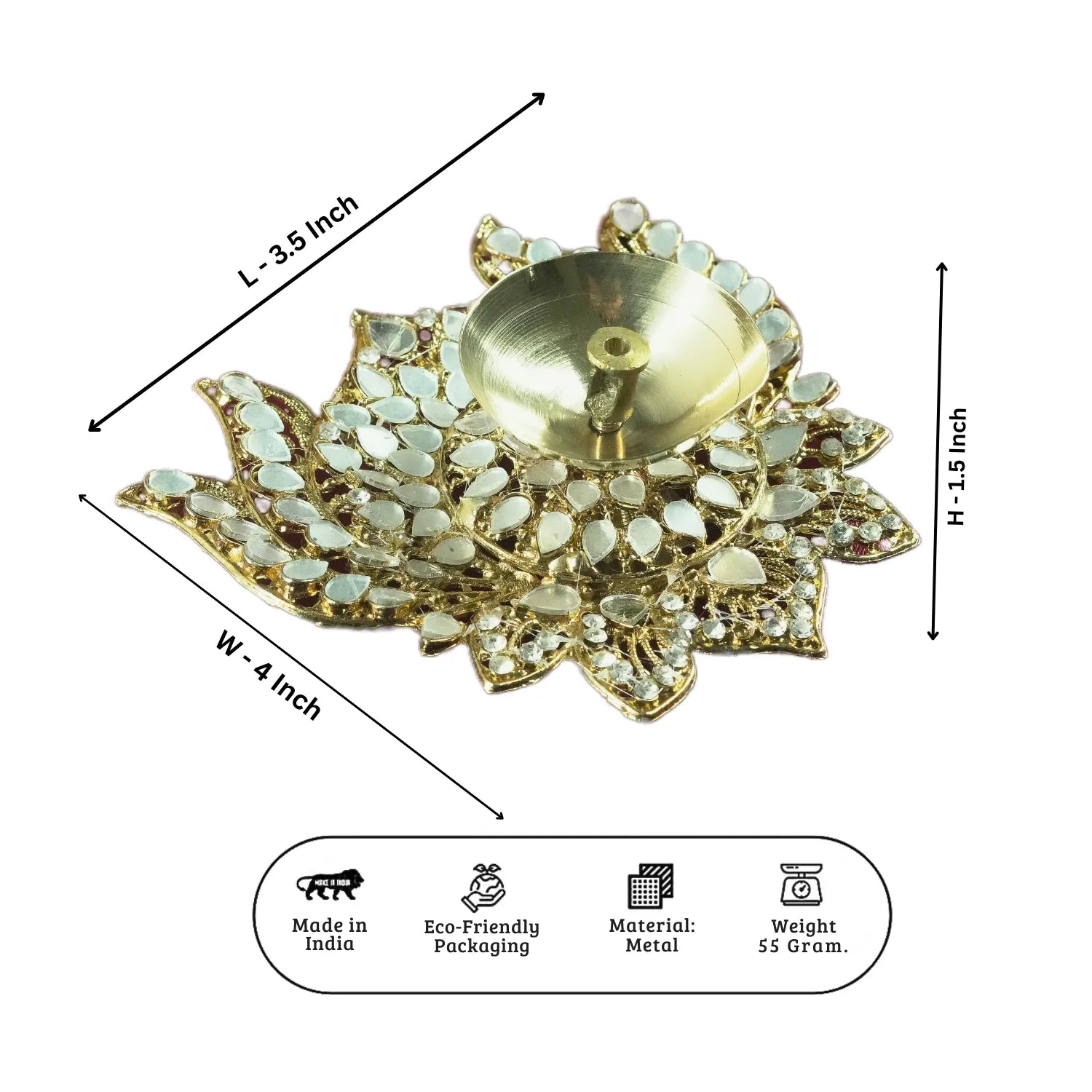 Decorative gold lotus-shaped diya with measurements on a white background