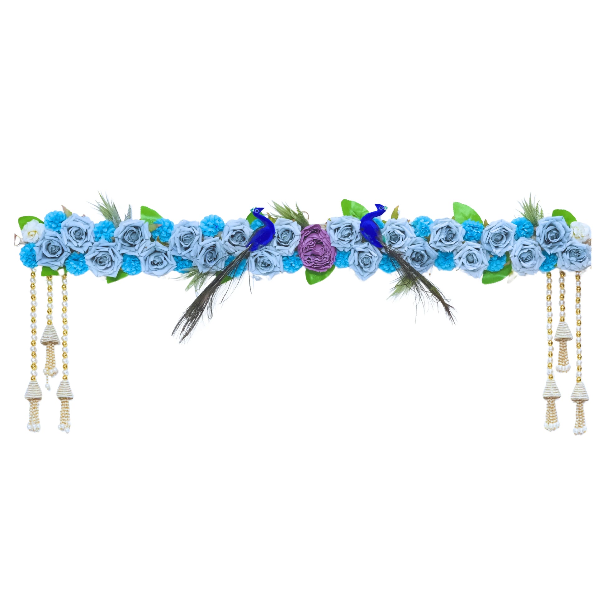 Decorative headband with blue and white flowers, green leaves, and tassels on a white background