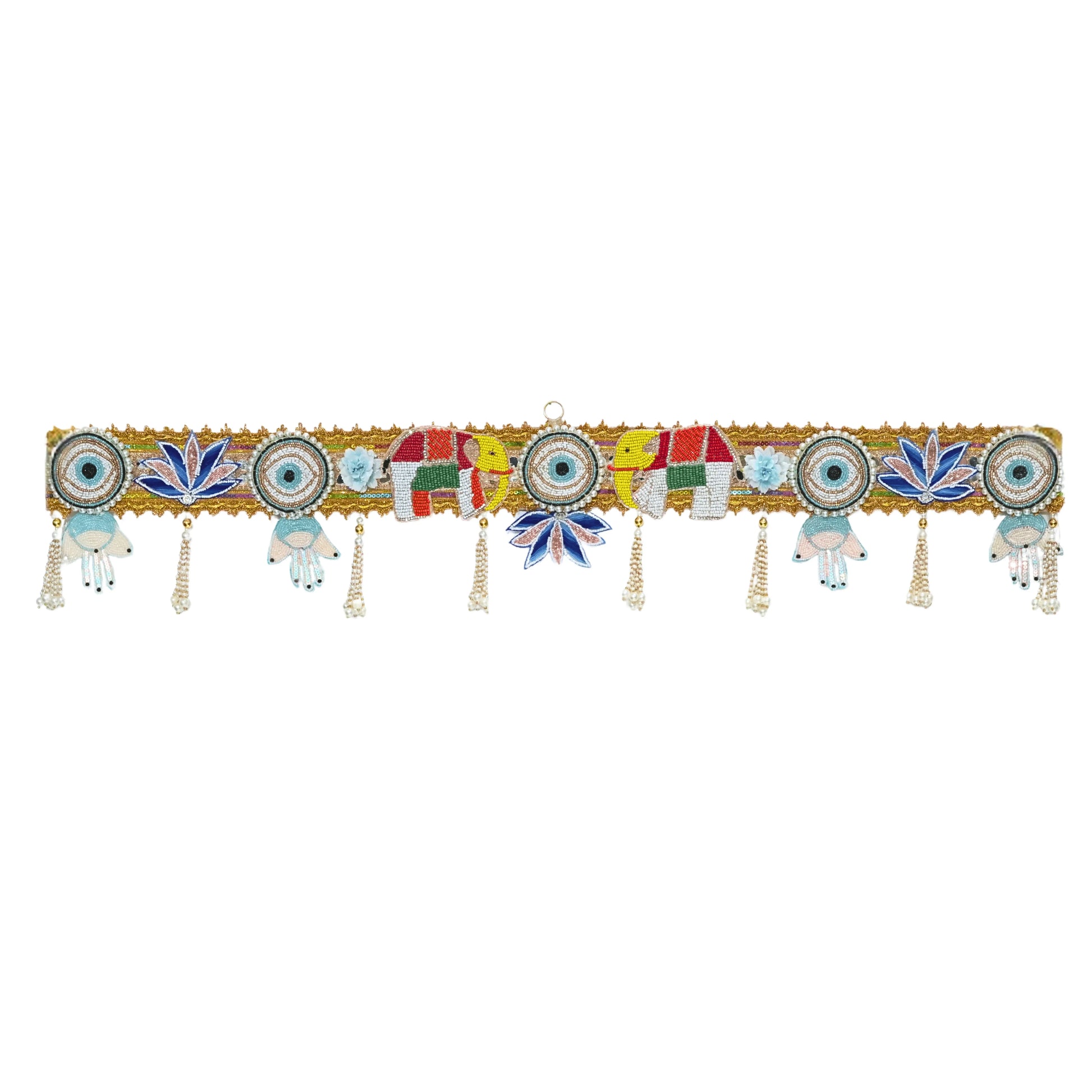 Decorative headband with colorful patterns and tassels on a white background