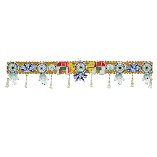 Decorative headband with colorful patterns and tassels on a white background