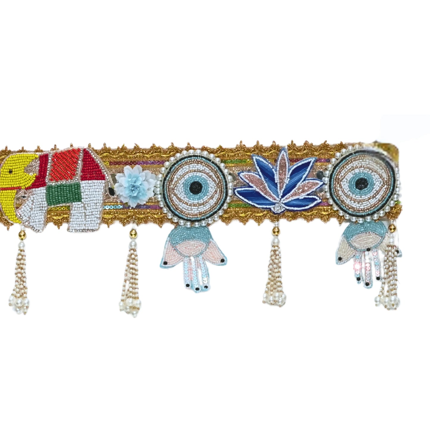 Decorative headband with elephants, flowers, and tassels on a white background