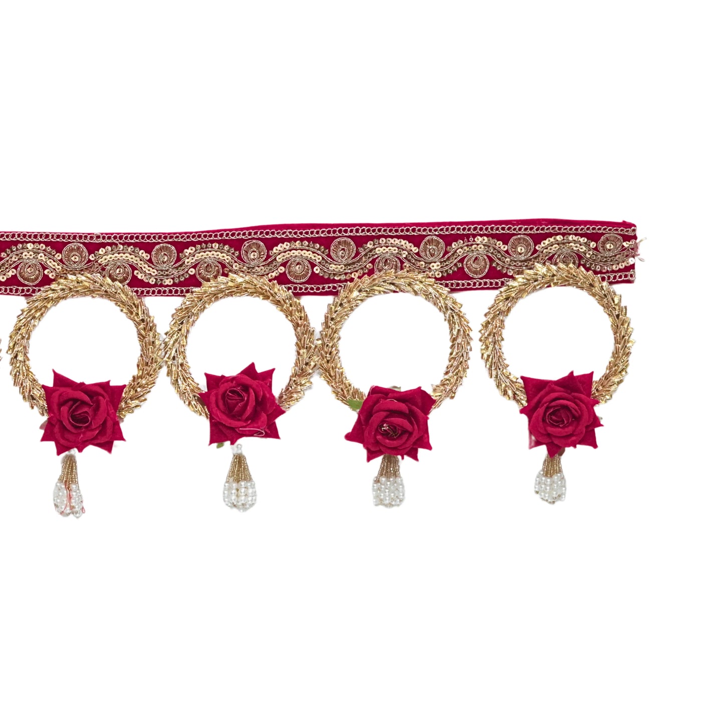Decorative headband with gold embroidery and red roses on a white background