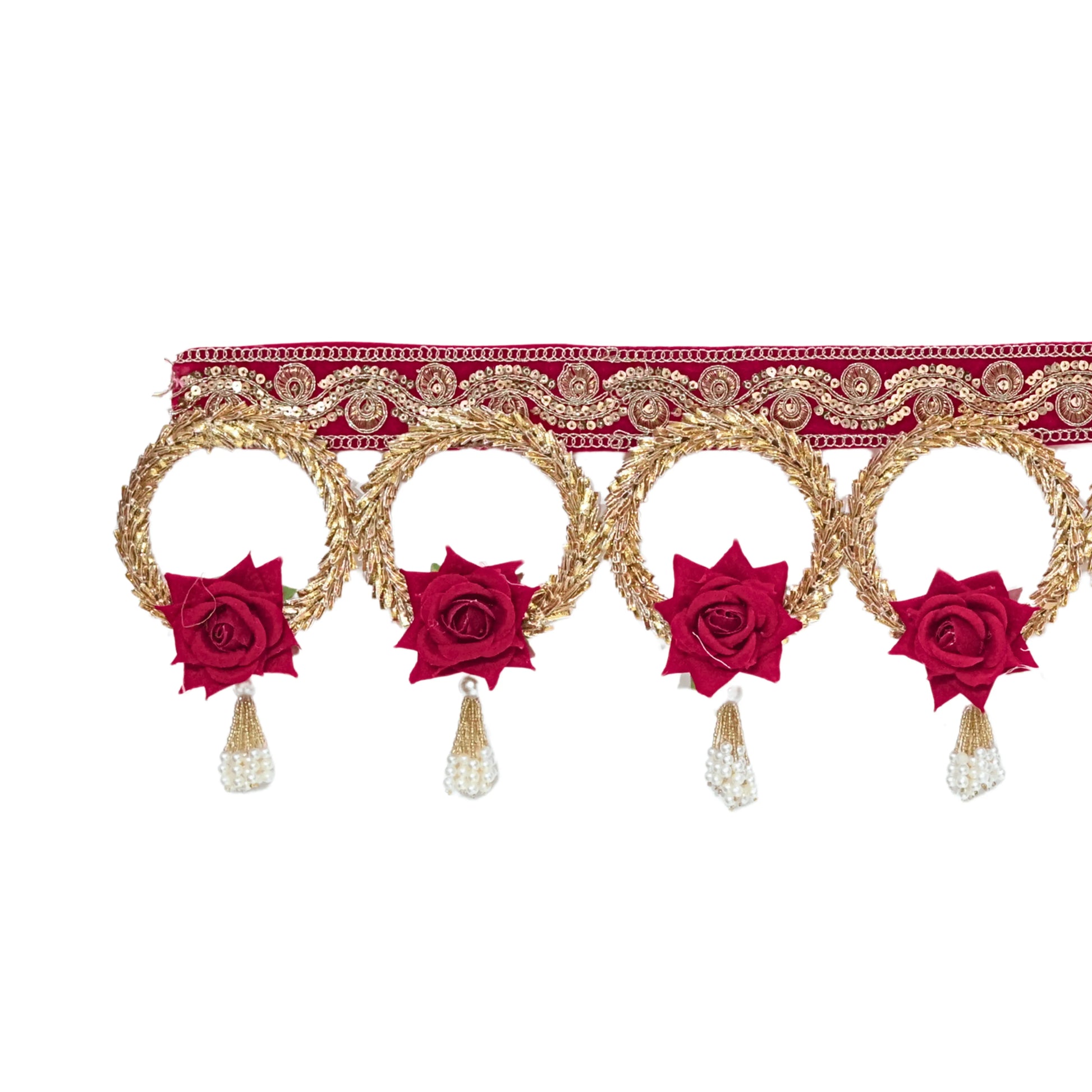 Decorative headband with red roses and gold lace on a white background