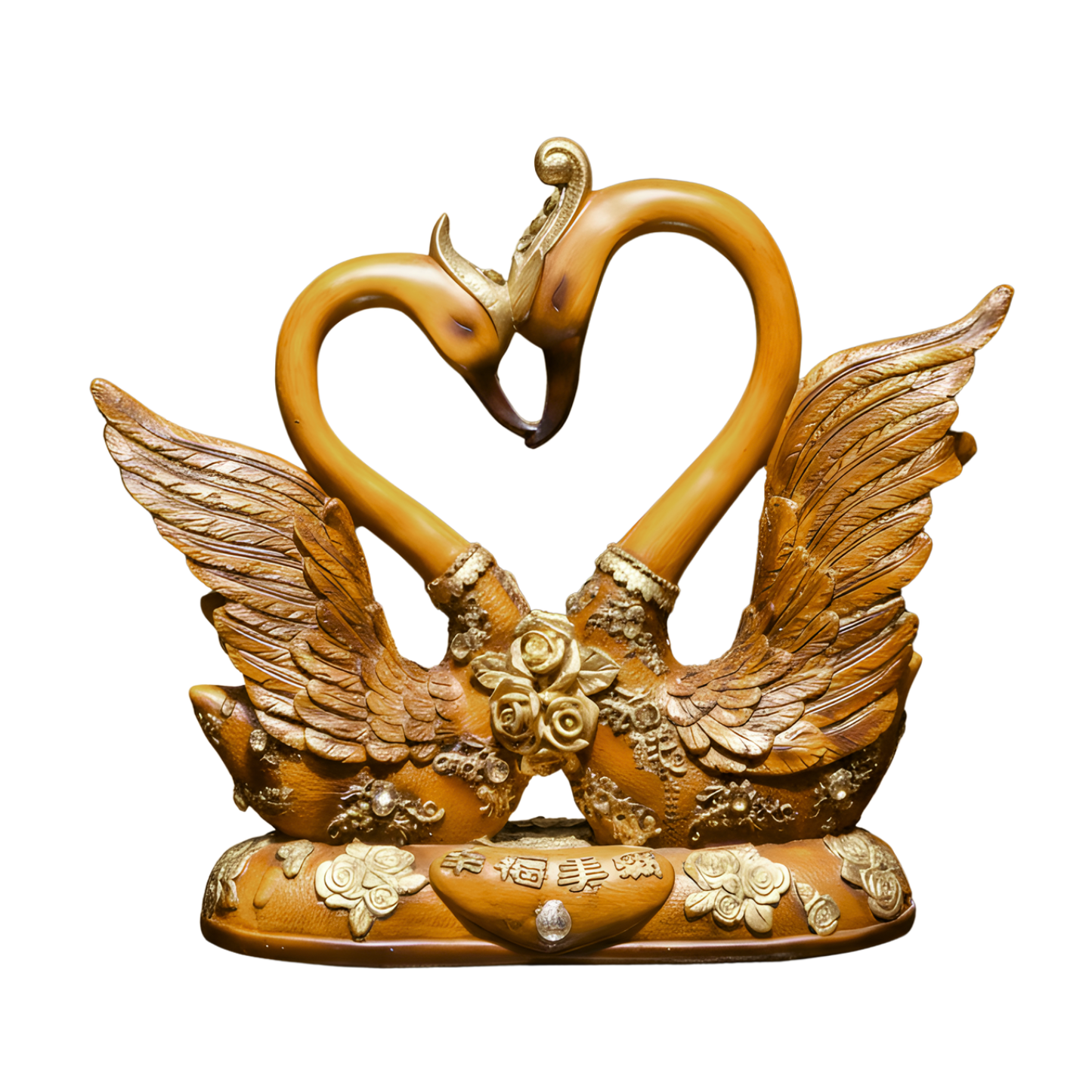 Decorative sculpture of two swans forming a heart with floral details on a white background