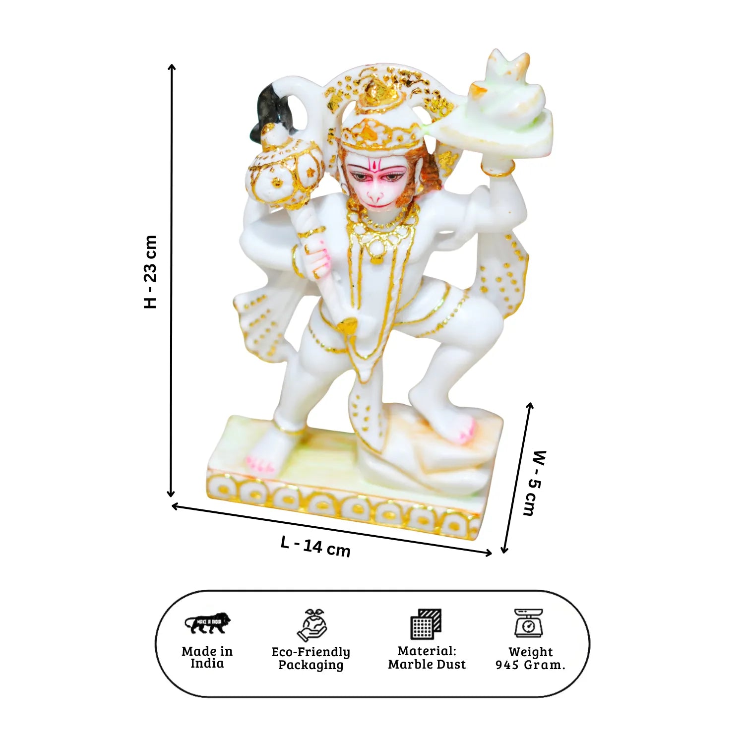 Decorative statue with measurements and product details on a white background