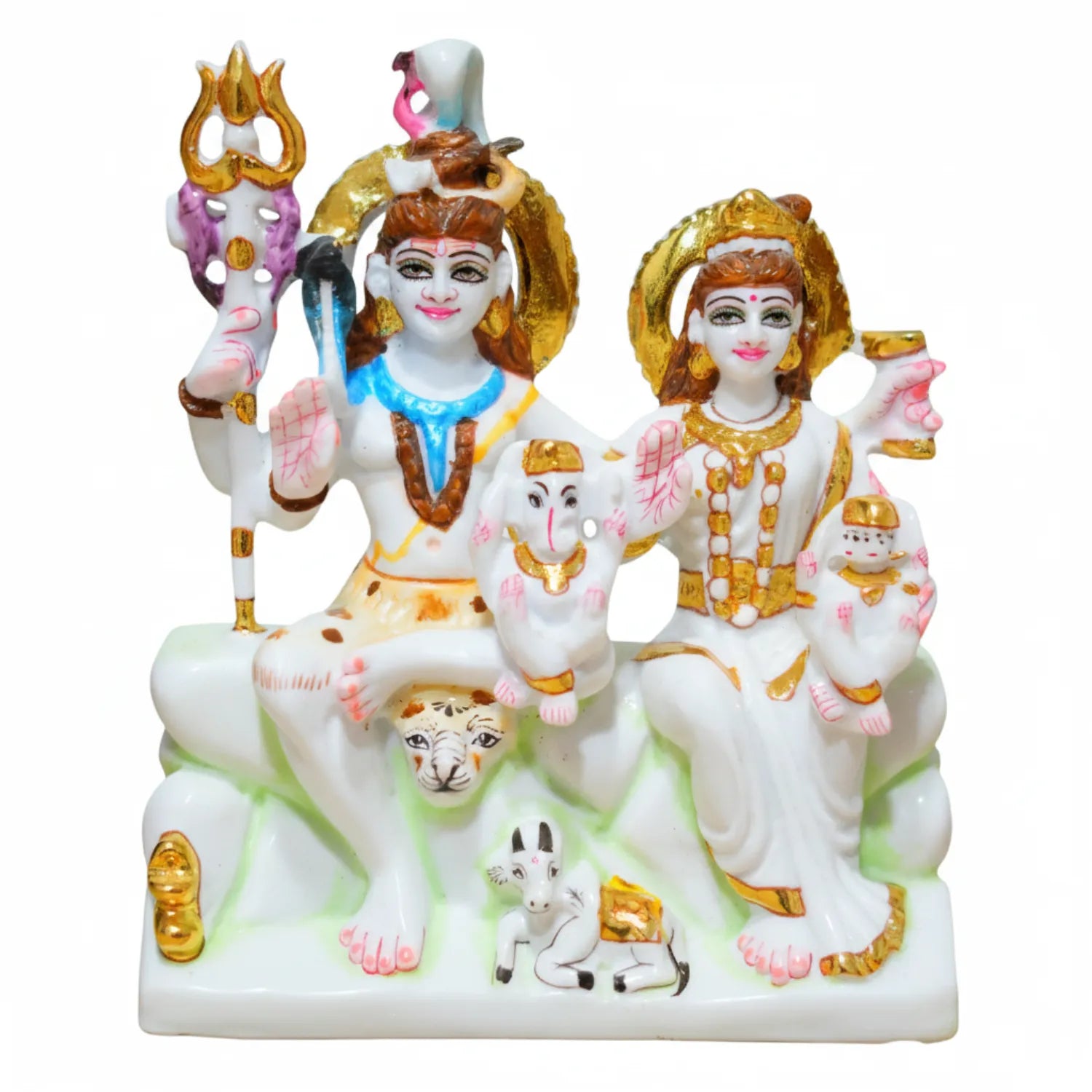 Decorative statue of a couple with animals on a white background