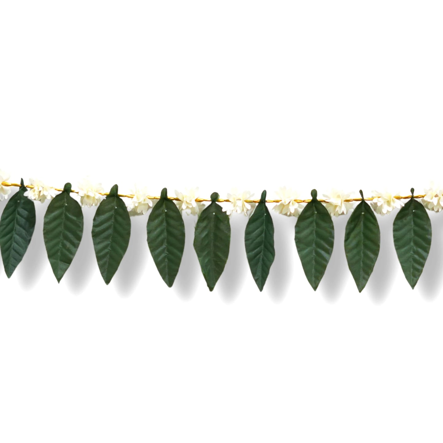 Decorative string with green leaf-shaped beads on a white background