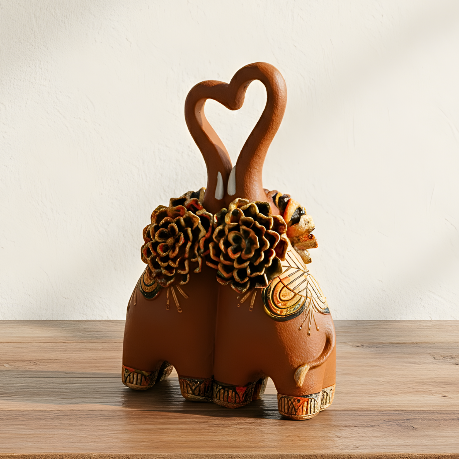 Decorative terracotta animal with heart-shaped design on a wooden surface