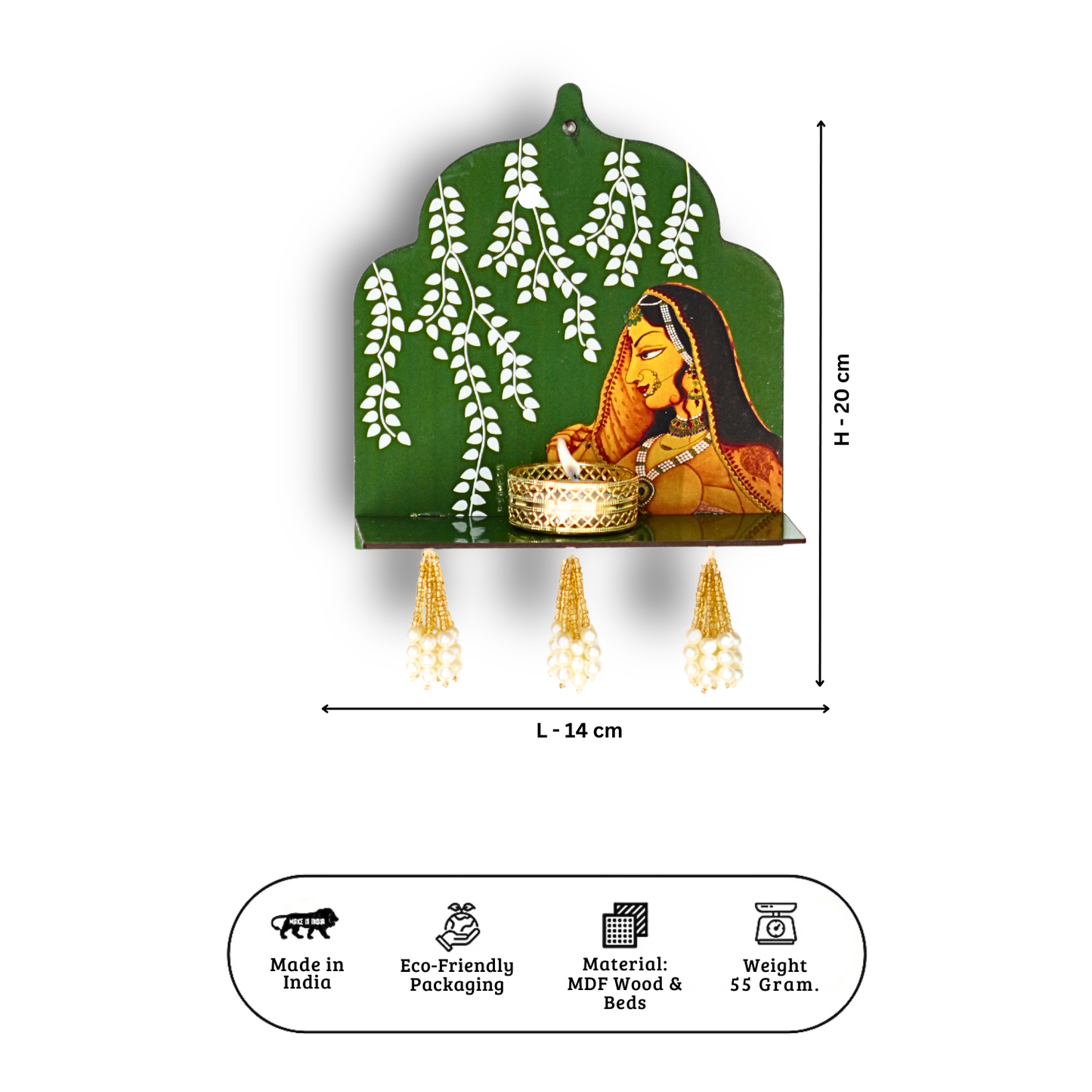 Decorative wall shelf with a green background and a woman's face design, with dimensions and product details.