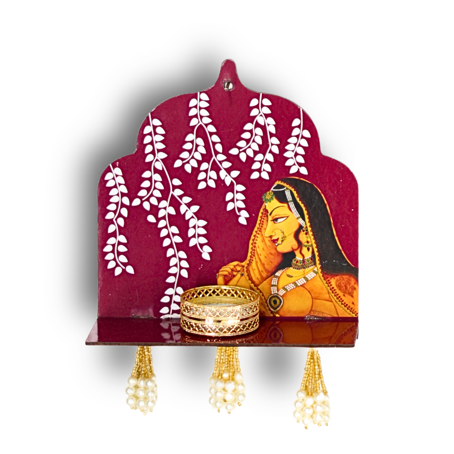 Decorative wall shelf with a painting of a woman and floral design on a red background.