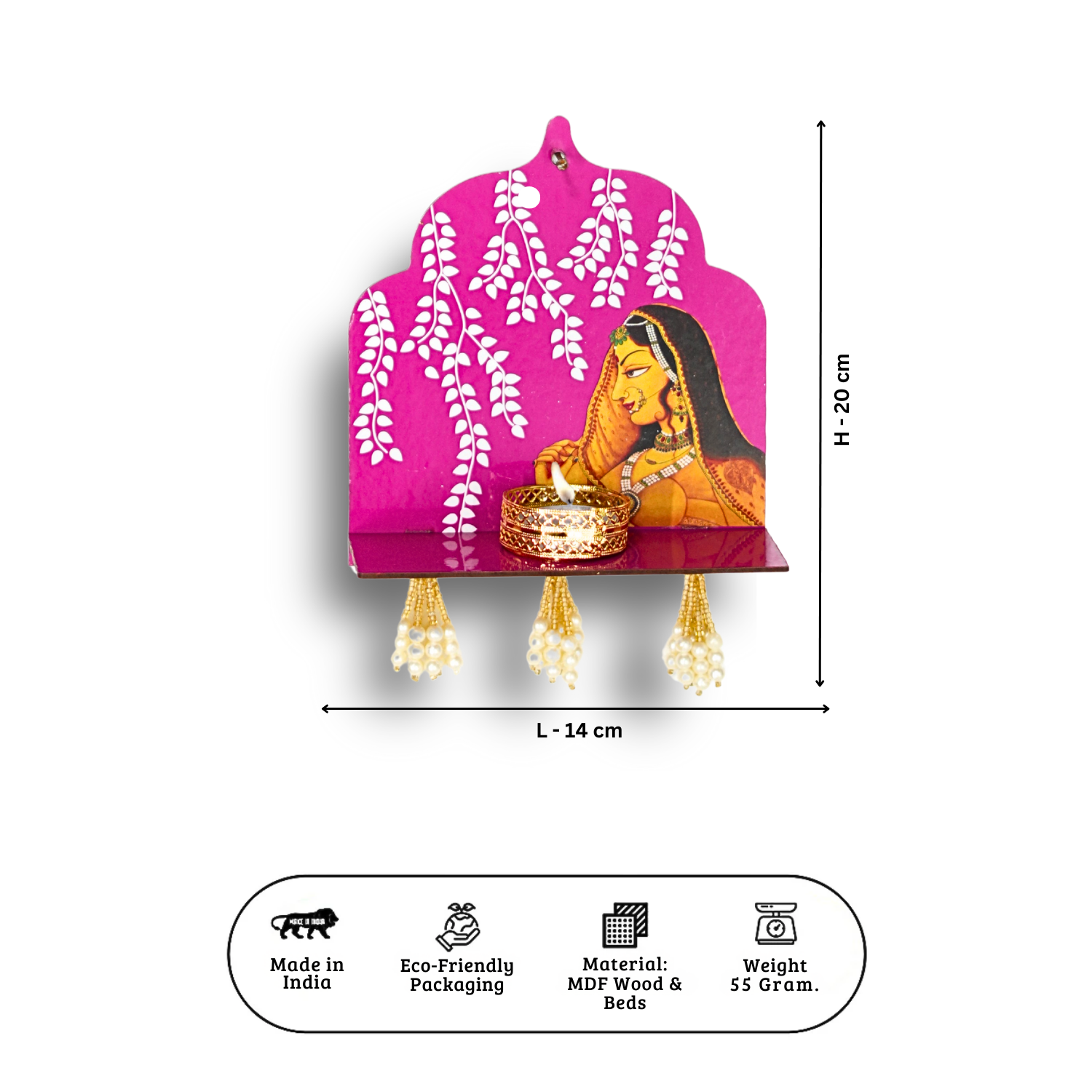 Decorative wall shelf with a pink background and a woman's face design, with dimensions and material information displayed.