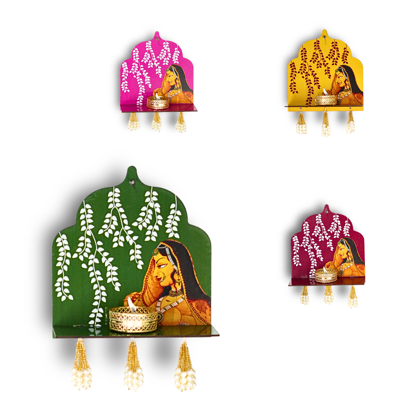 Decorative wall shelves with artistic designs of women and plants on a white background