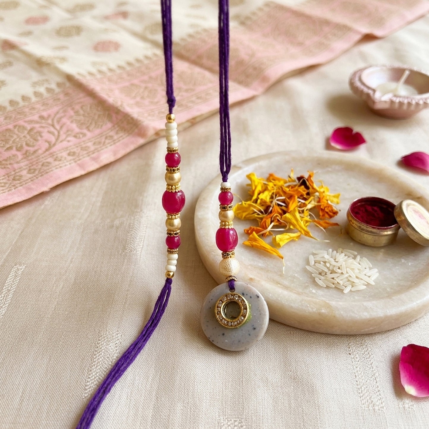 Elegant Bhaiya Bhabhi Lumba Rakhi Set with Pearl Beads | Designer Couple Rakhi for Raksha Bandhan (Purple))