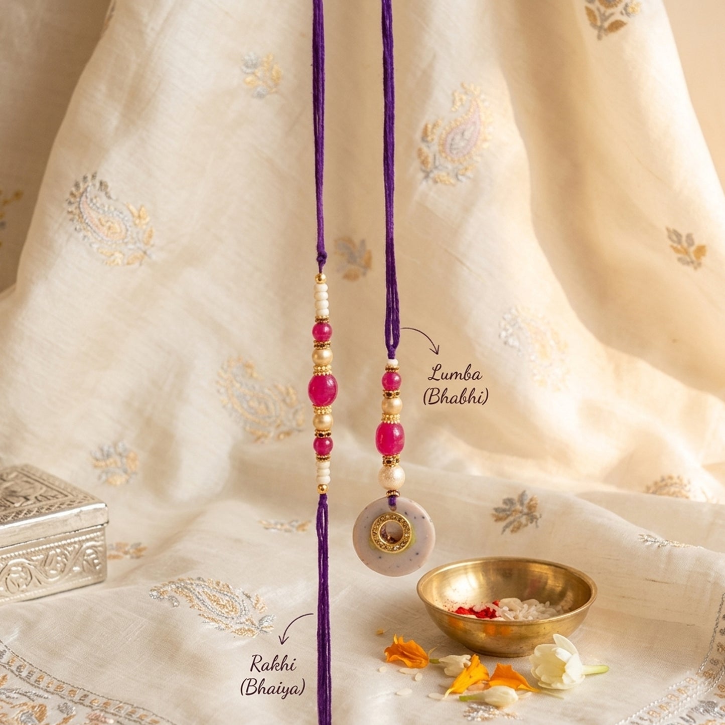 Elegant Bhaiya Bhabhi Lumba Rakhi Set with Pearl Beads | Designer Couple Rakhi for Raksha Bandhan (Purple))