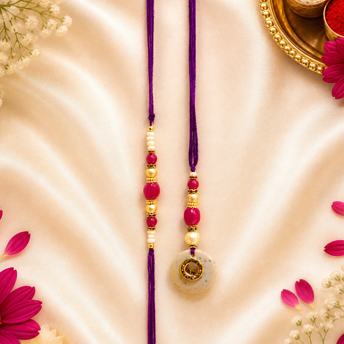 Elegant Bhaiya Bhabhi Lumba Rakhi Set with Pearl Beads | Designer Couple Rakhi for Raksha Bandhan (Purple))