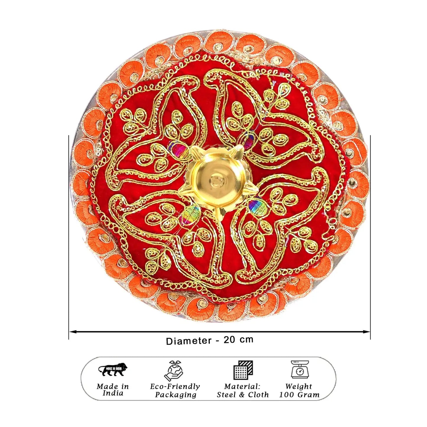 Decorative item with gold and red design, featuring measurements and product details.