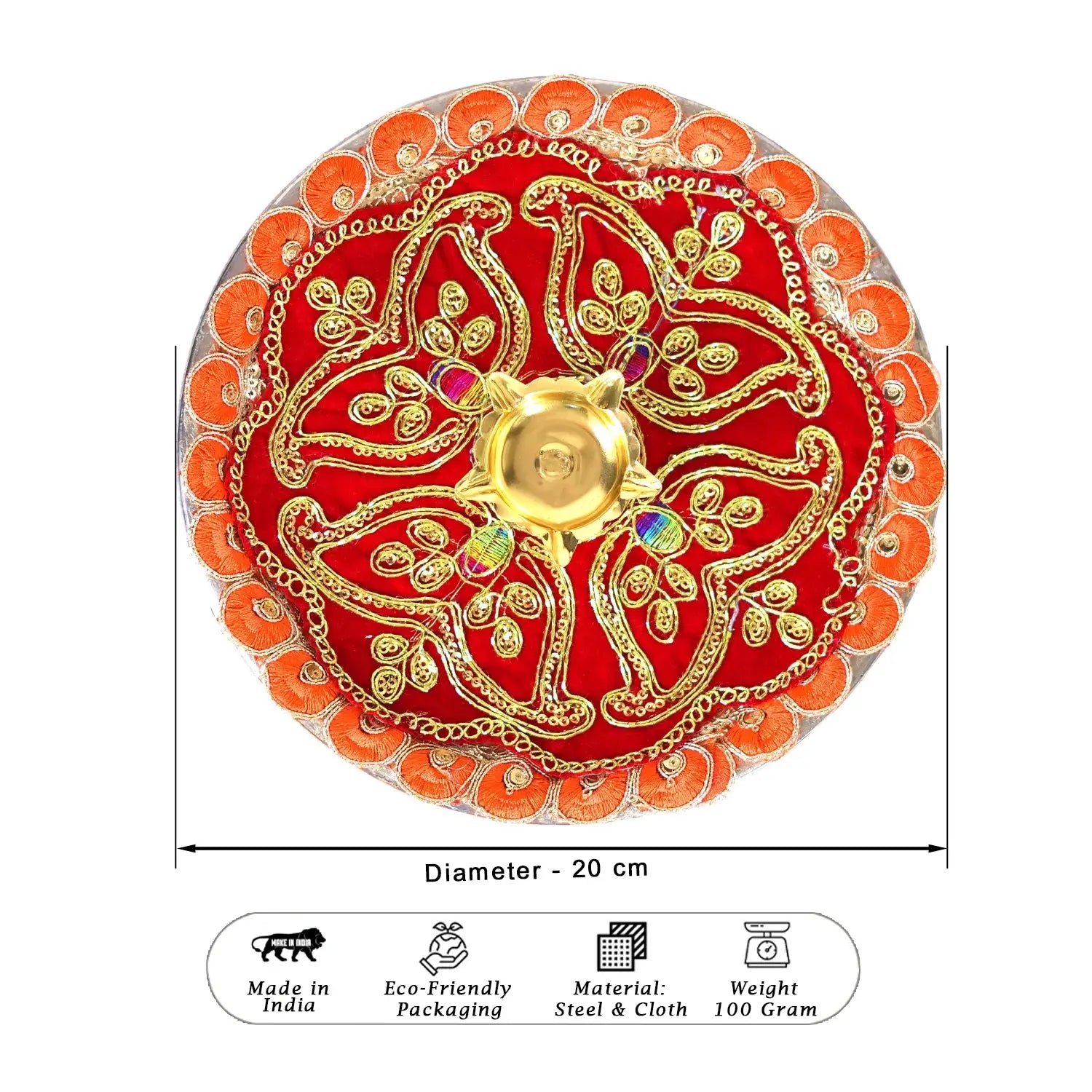 Decorative item with gold and red design, featuring measurements and product details.