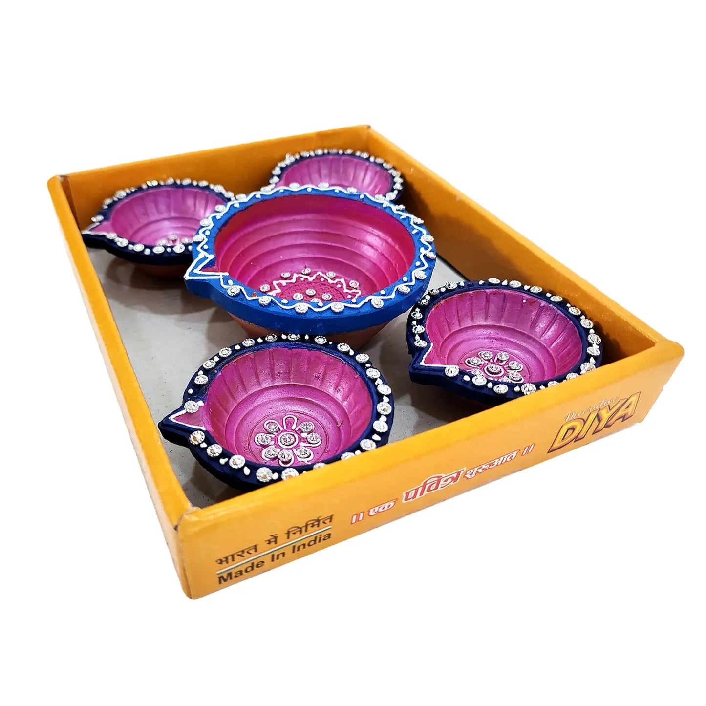 Set of pink and blue Diwali lamps in a yellow box with 'DMA' branding.