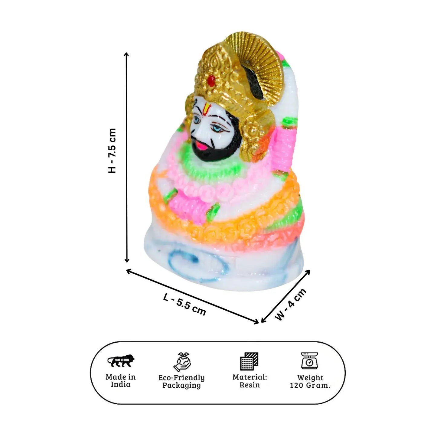 Colorful figurine with measurements and product details on a white background