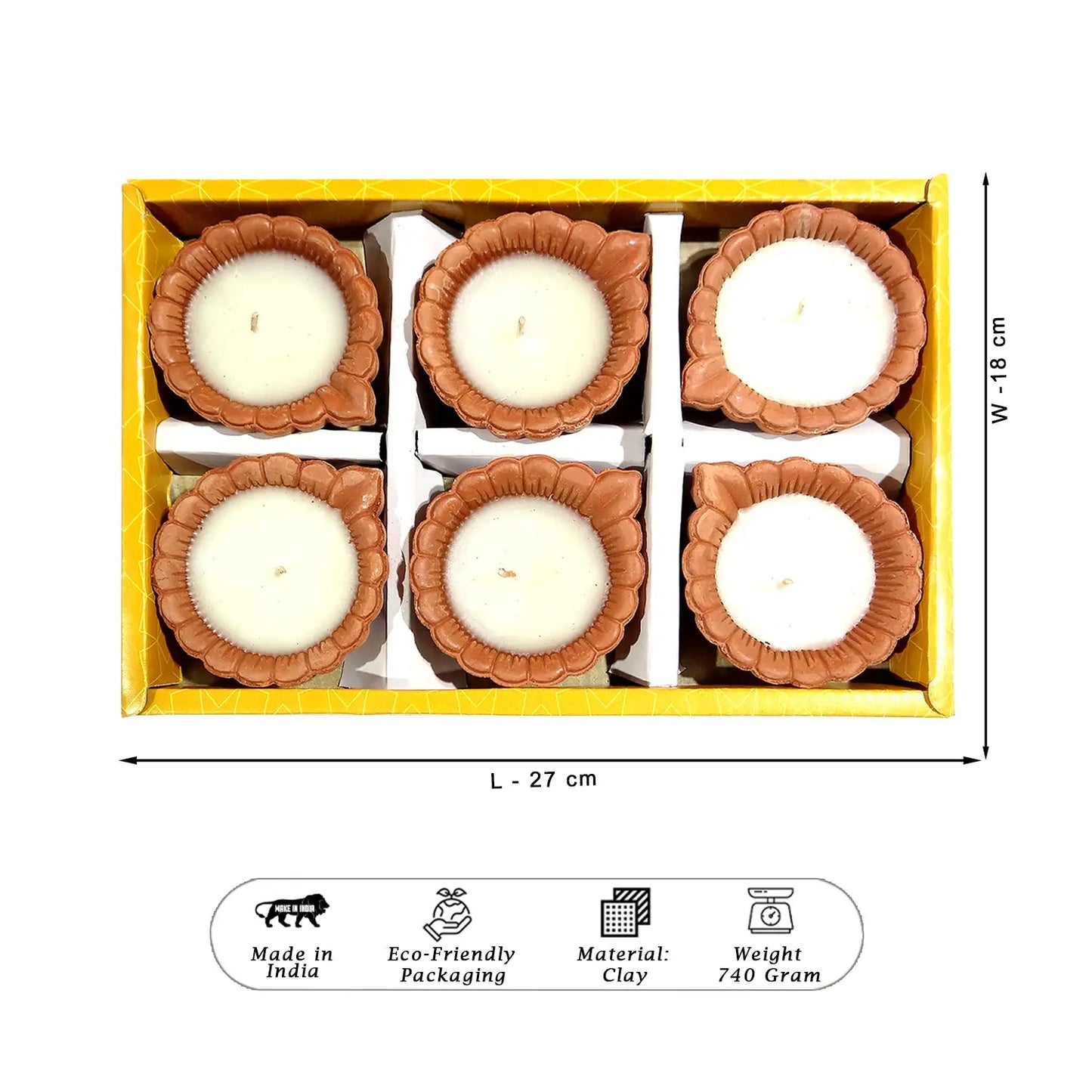 Set of six clay candles in a yellow box with dimensions and product details.