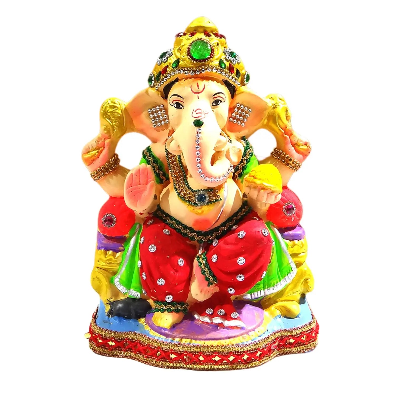 Colorful statue of a deity with a turban on a white background