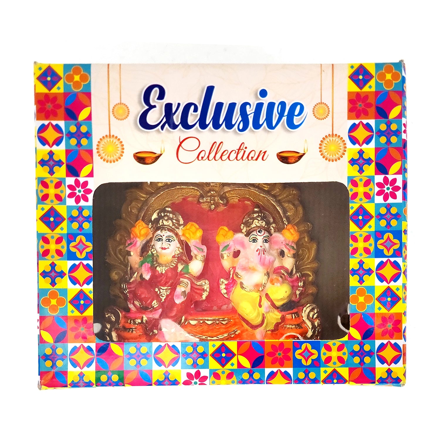 Decorative box with colorful border featuring images of deities and 'Exclusive Collection' text.