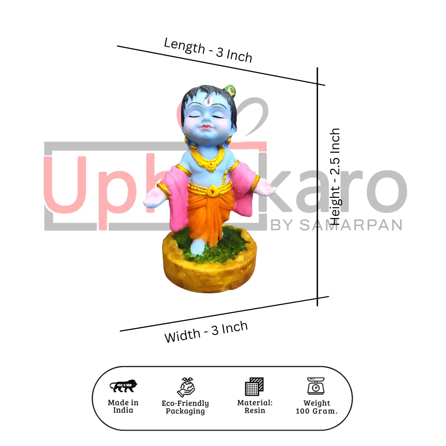 Colorful statue of a deity with dimensions and product details on a white background