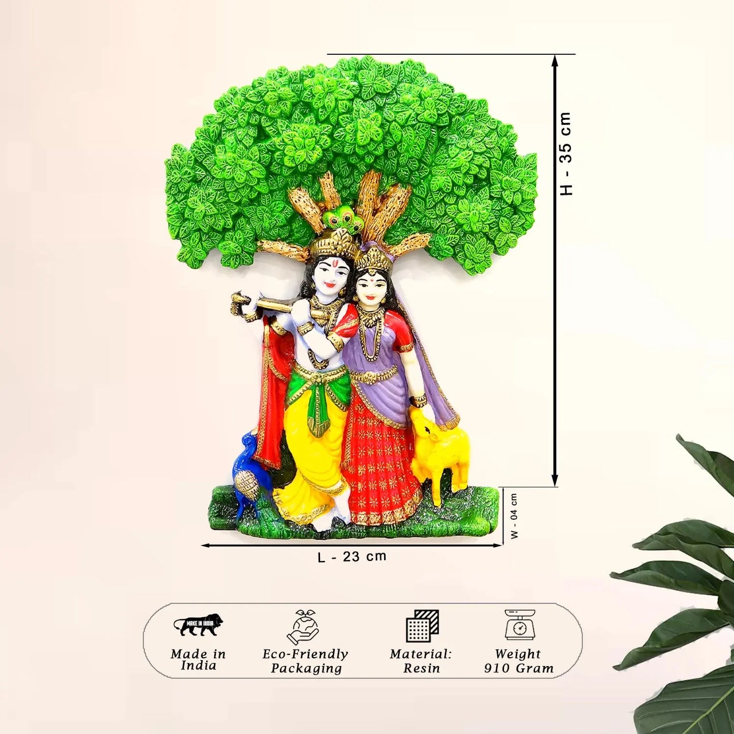 Decorative statue of a couple with a tree, dimensions indicated, on a beige background.