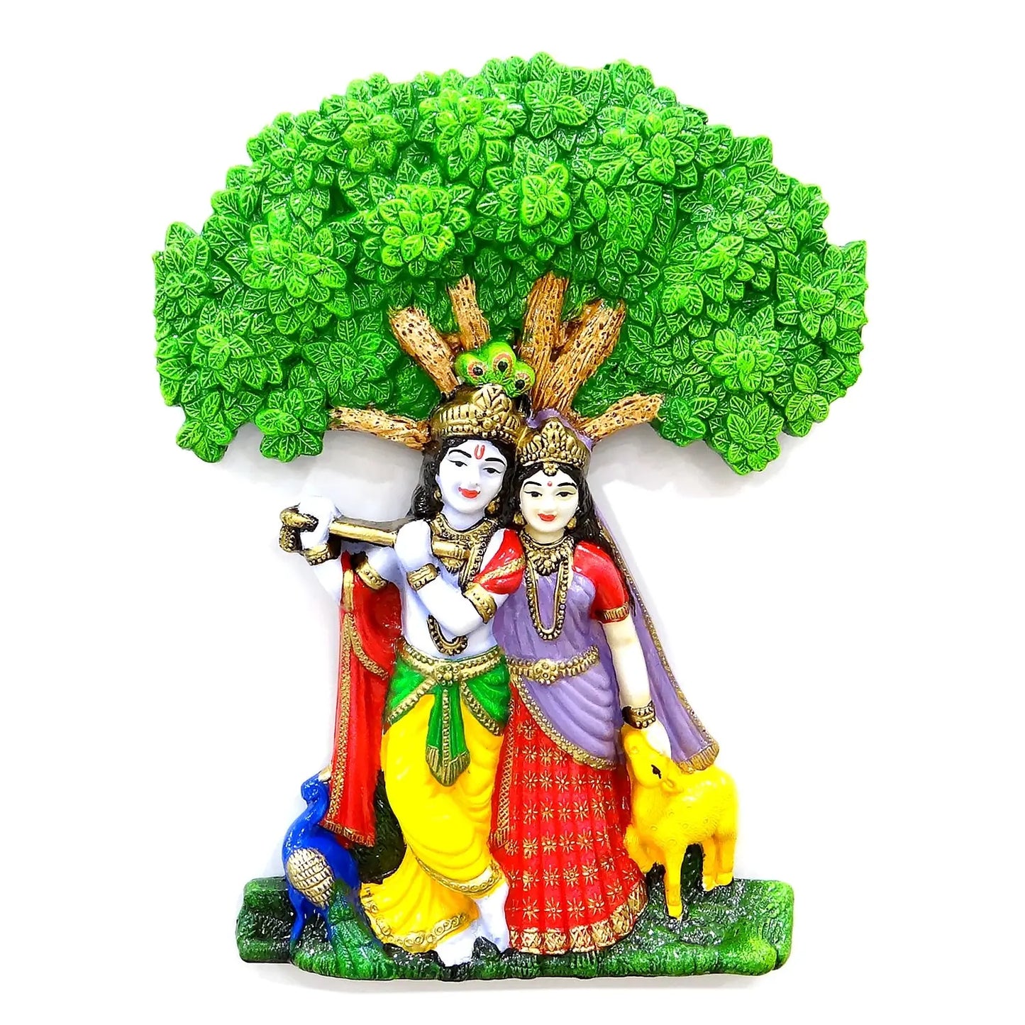 Colorful figurine of two characters under a green tree on a white background