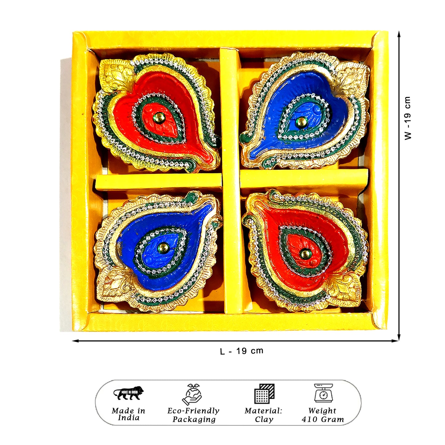 Four colorful Diwali lamps in a yellow box with dimensions and product details.