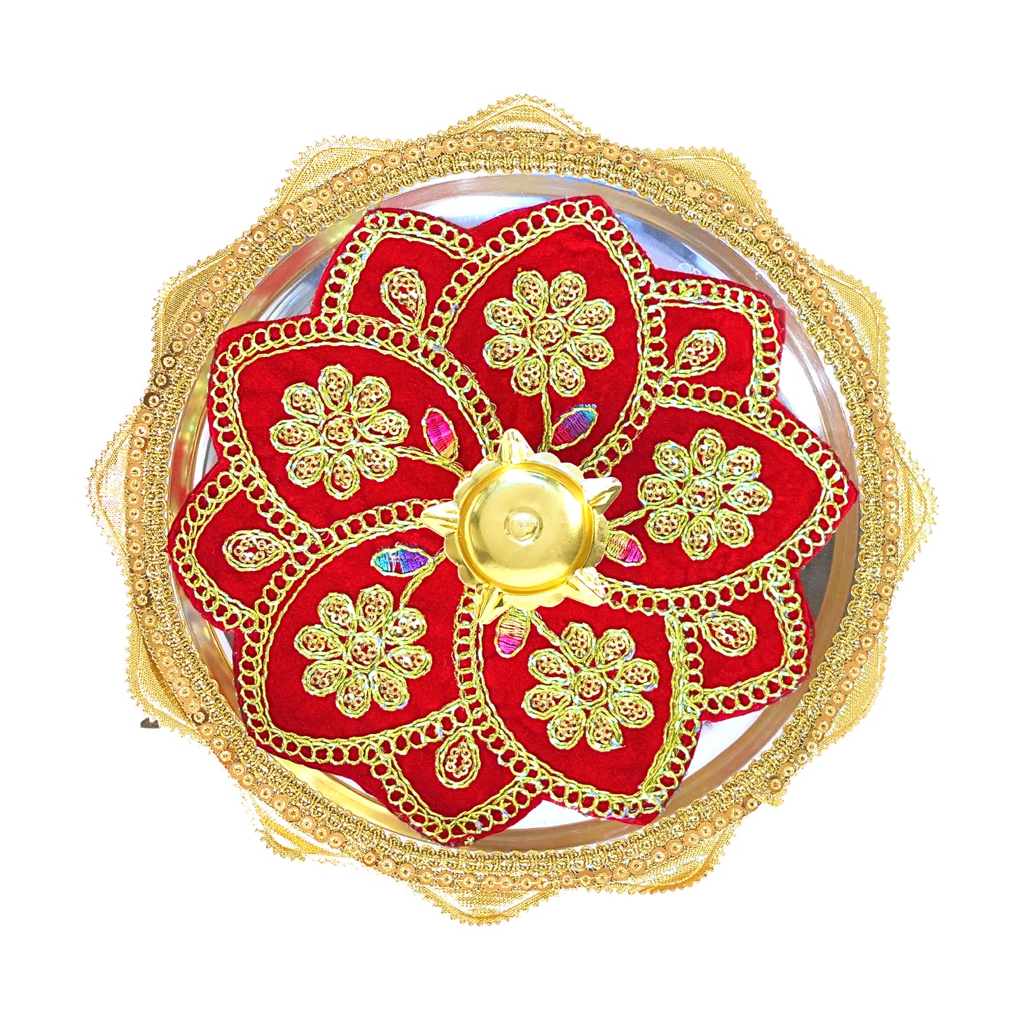 Elegant Golden Floral Velvet Pooja Thali 8 Inch for Puja By Upharkaro