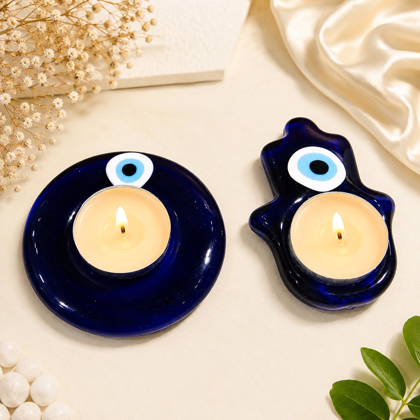 Blue Evil Eye Reiki Crystal T-Light Candle Holder for Home & Healing ( Set of 2 ) By Upharkaro