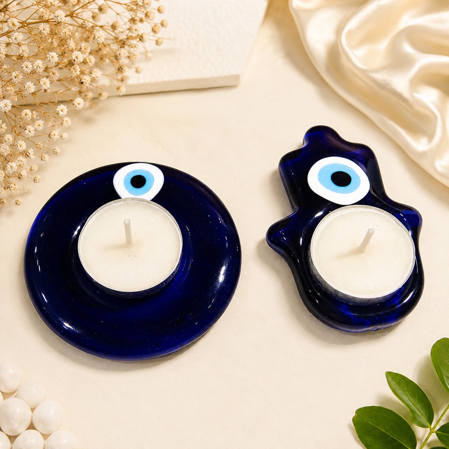 Blue Evil Eye Reiki Crystal T-Light Candle Holder for Home & Healing ( Set of 2 ) By Upharkaro