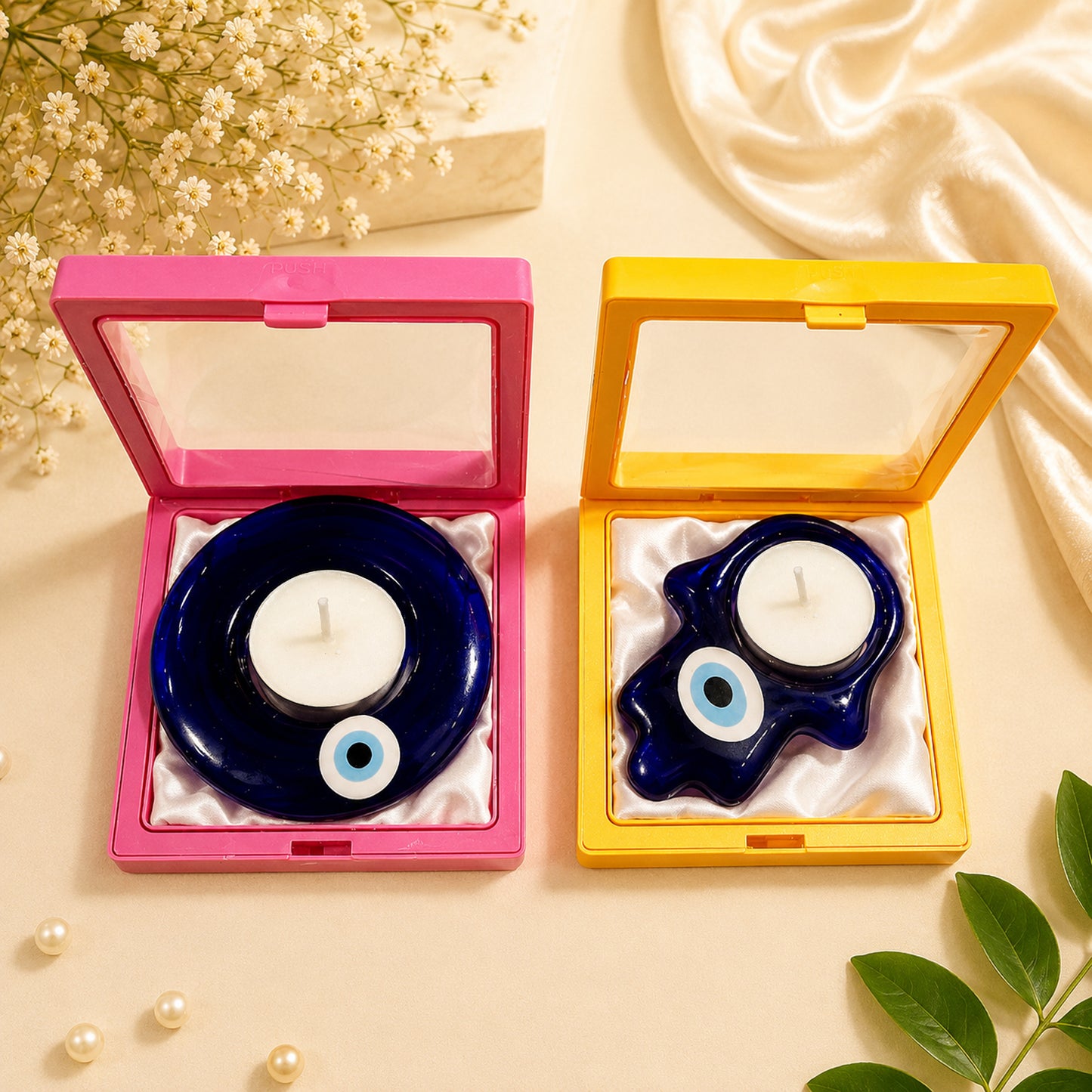 Blue Evil Eye Reiki Crystal T-Light Candle Holder for Home & Healing ( Set of 2 ) By Upharkaro