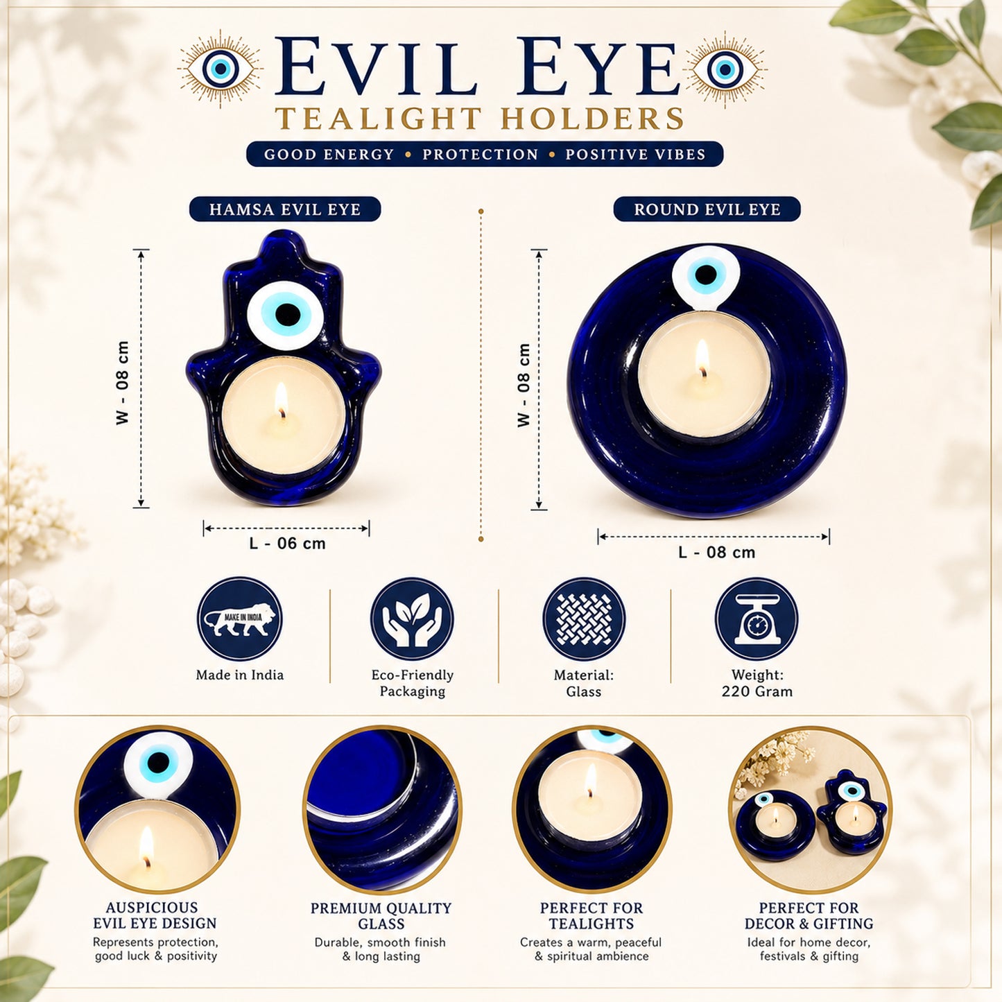 Blue Evil Eye Reiki Crystal T-Light Candle Holder for Home & Healing ( Set of 2 ) By Upharkaro