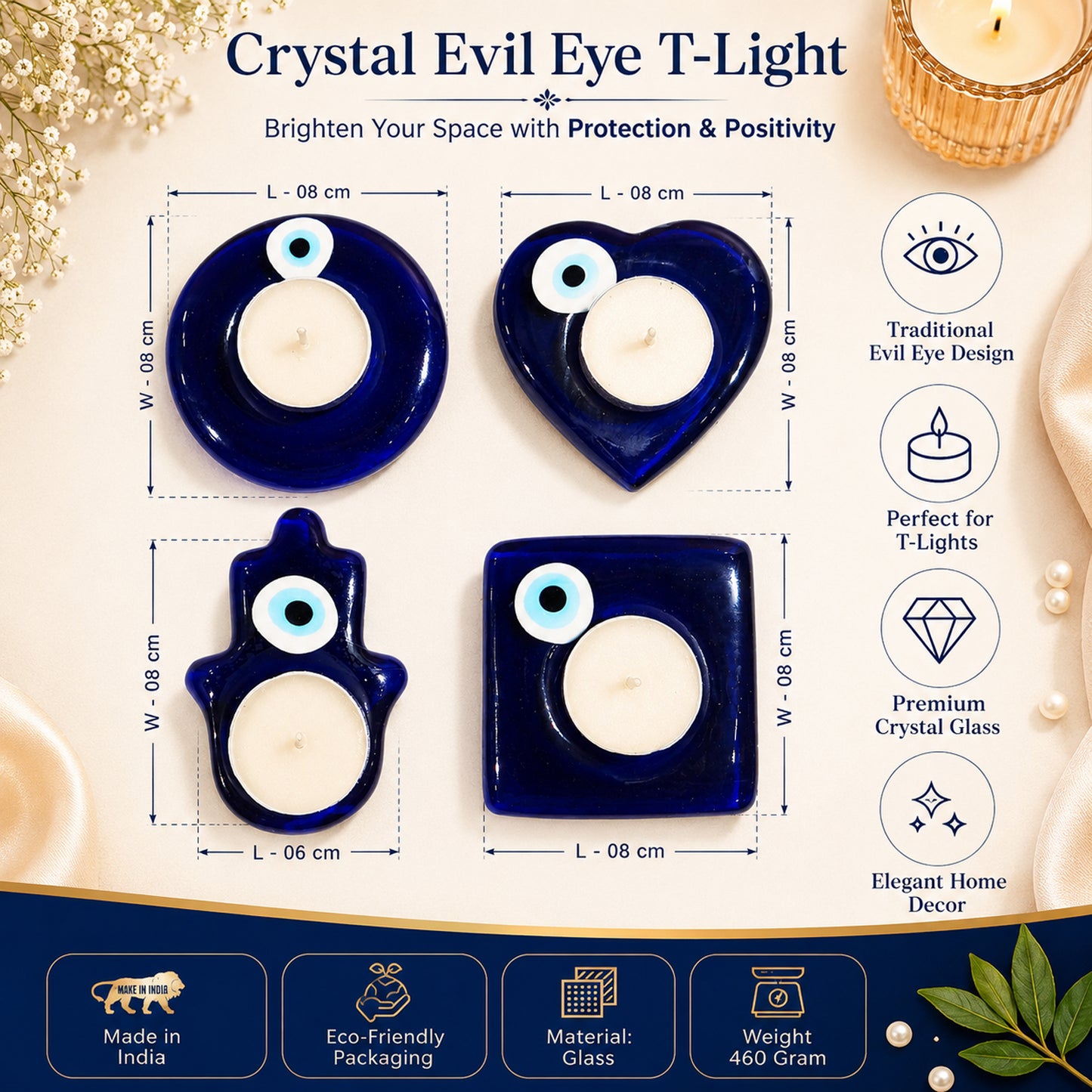 Reiki Evil Eye Crystal T-Light Candle Holder (Set of 4) By Upharkaro