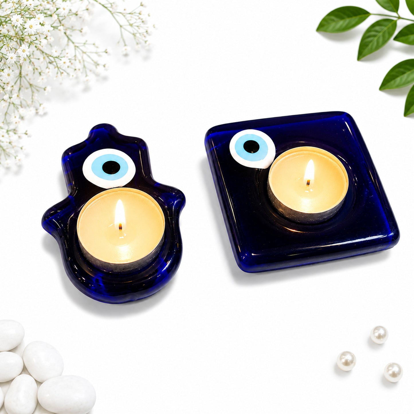 Blue Evil Eye Reiki T-Light Candle Holder Set of 2 for Home, Pooja & Gifting By Upharkaro