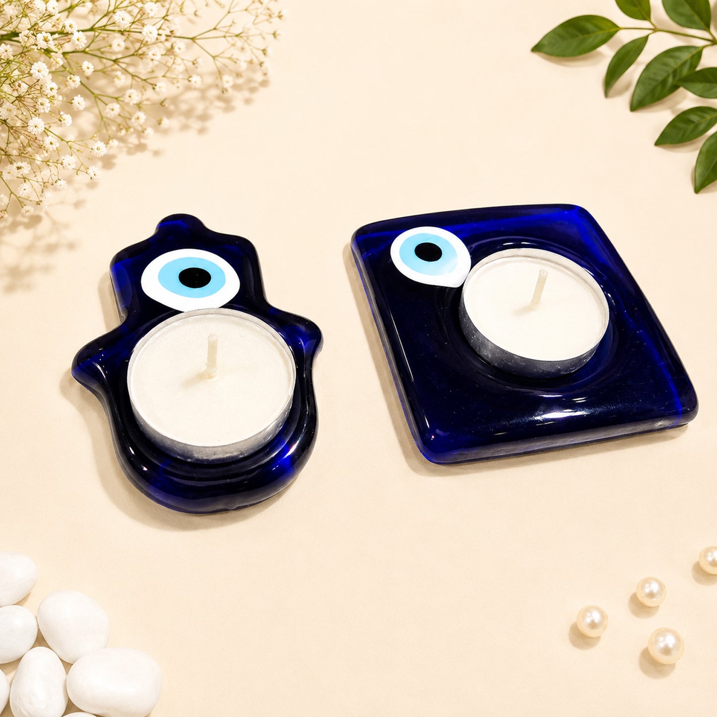 Blue Evil Eye Reiki T-Light Candle Holder Set of 2 for Home, Pooja & Gifting By Upharkaro