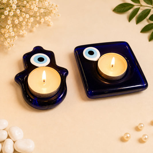 Blue Evil Eye Reiki T-Light Candle Holder Set of 2 for Home, Pooja & Gifting By Upharkaro