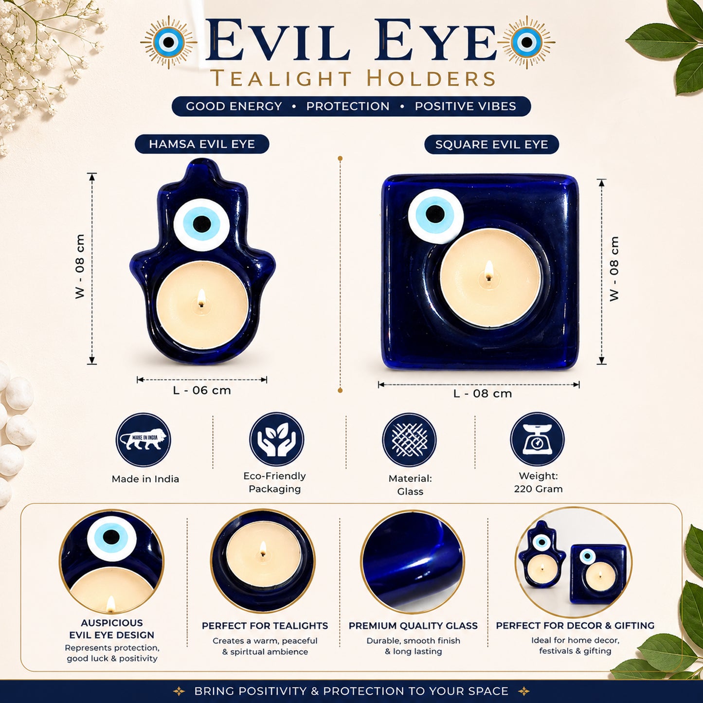Blue Evil Eye Reiki T-Light Candle Holder Set of 2 for Home, Pooja & Gifting By Upharkaro
