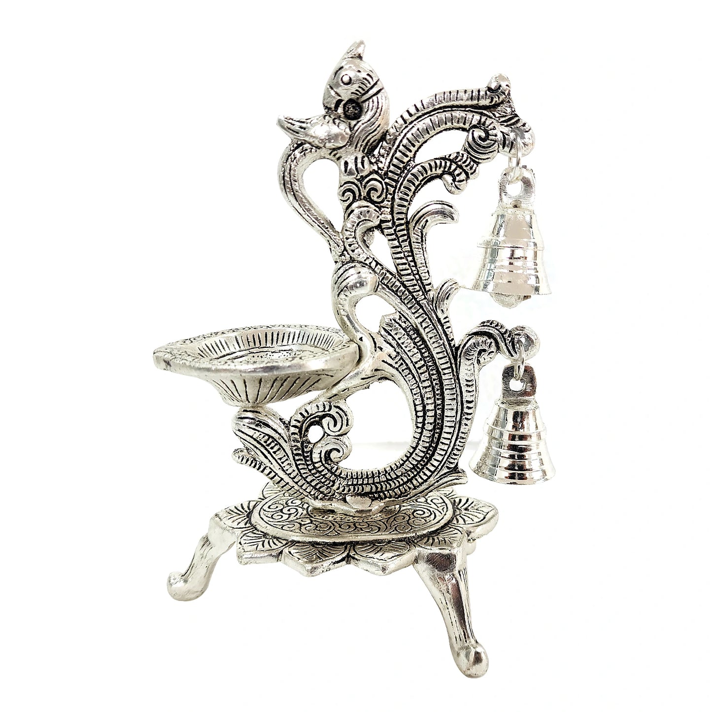 Top angle showing diya placement area on peacock diya stand